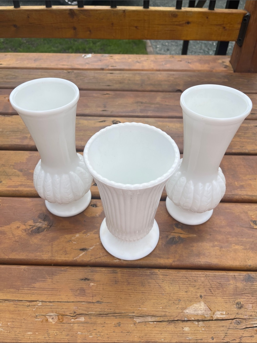 Bundle of three antique milk glass vases
